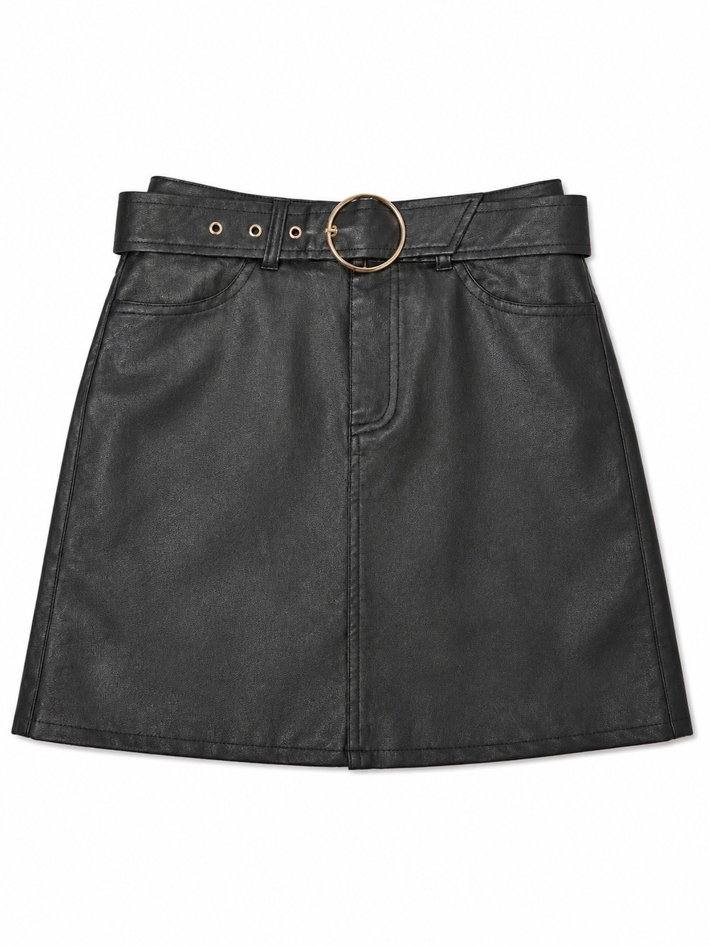 Hey Babe Black Faux Leather Mini Skirt with Gold Ring Belt, Size Small